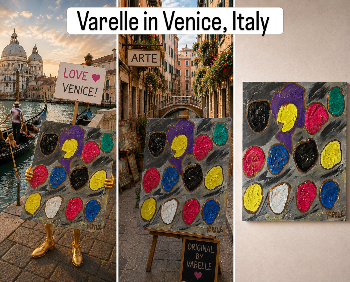 Gondel en Venetiaanse straat met schilderijen van Varelle met kleurrijke gezichten, plus bord “LOVE VENICE!”.